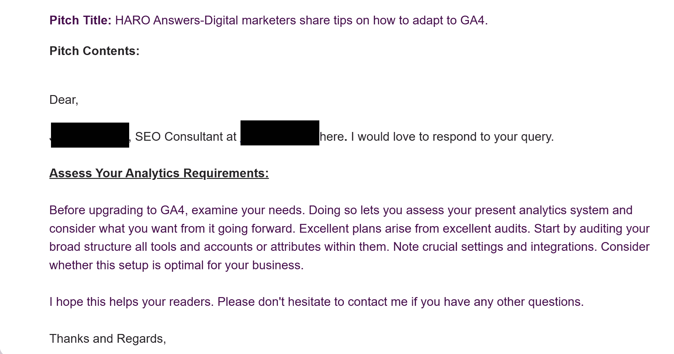 Identical expert answers received through HARO, illustrating risks of AI-generated content